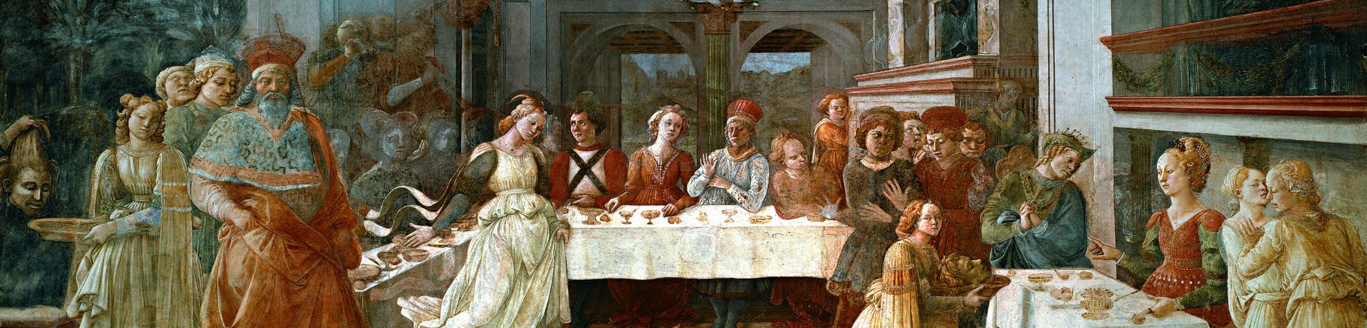 There are some diners seated at in a Reinassance palace. On the left there re King Herod and Salomè dancing, while on the right an handmaid shows the Baptist's head on a plate to Queen Herodias seated.